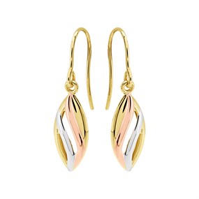 9ct Gold Three Colour Leaf Hook Wire Earrings - 28mm drop - G48118