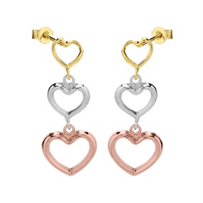 9ct Gold Three Colour Heart Drop Earrings - 25mm drop - G4816