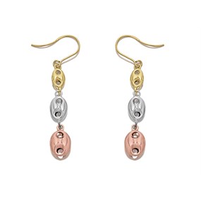 9ct Gold Three Colour Bean Hook Wire Earrings - 38mm drop - G4820