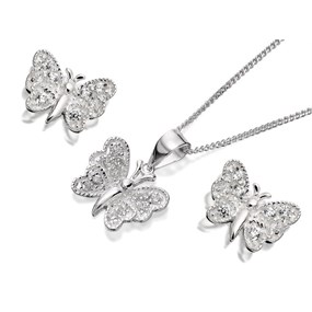 Silver Cubic Zirconia Butterfly Earring And Pendant Set - GS0406