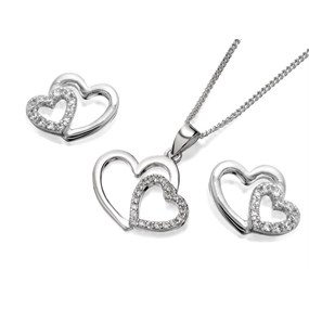 Silver Two Hearts Cubic Zirconia Stud Earring And Pendant - GS0453