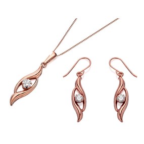 9ct Rose Gold Flame Cubic Zirconia Drop Earring And Pendant Set - GS2820