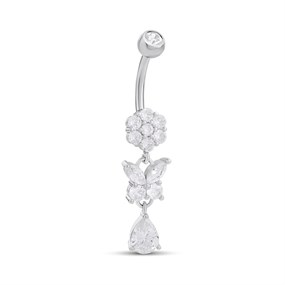 Silver Crystal Cluster Butterfly Pear Drop Belly Bar - J3513