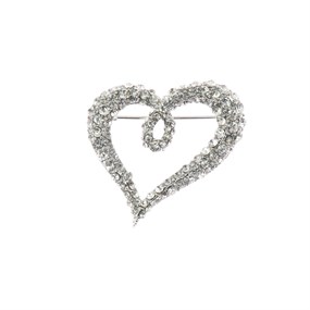 Silver Tone Clear Stone Heart Brooch - J5414