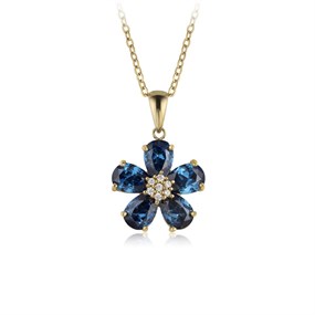 Rotary Stainless Steel Gold Tone Blue Floral CZ Necklace. - J6526