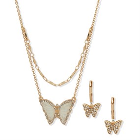 Anne Klein Gold Tone Mother Of Pearl Butterfly Necklace And Earring Set - J78403