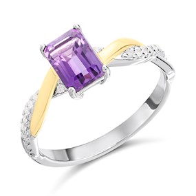 Night & Day Silver And 9ct Gold Lab Grown Diamond And Amethyst Emerald Cut Ring - M1801