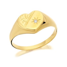 9ct Gold Diamond Engraved Heart Signet Ring - R2514