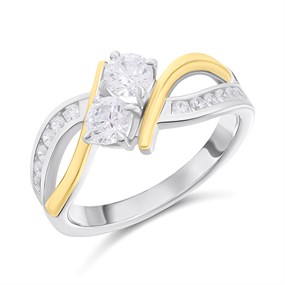 Night & Day Silver And 9ct Gold Twist Double CZ Ring - R9909