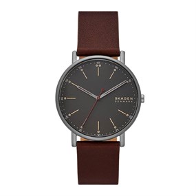 Skagen SKW6860 Signatur Grey IP Brown Leather Strap Watch - W06302