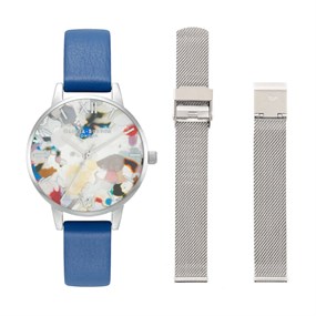 Olivia Burton OBGSET151 Pop Art Stainless Steel Mesh/Blue Strap Watch Set - W28149