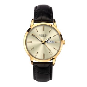 Sekonda 1838 Gold Tone Black Leather Strap Watch - W31202