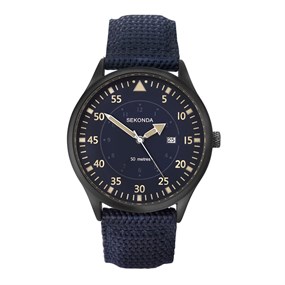 Sekonda 1795 Black IP Blue Fabric Strap Watch - W31423