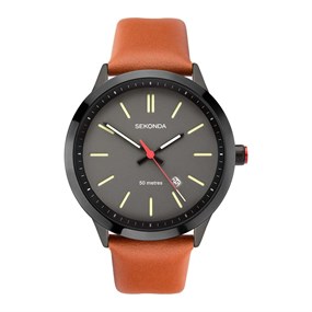 Sekonda 1828 Black IP Brown Leather Strap Watch - W31426
