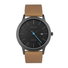 Sekonda 30133 Black IP Tan Leather Strap Watch - W31444