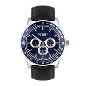 Sekonda 30160 Silver Tone Blue Multi Dial Black Leather Strap Watch - W31467