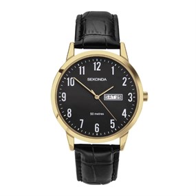 Sekonda 30184 Gold Tone Black Leather Strap Watch - W31468