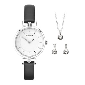 Sekonda 2672G Black Strap Watch, Necklace And Earring Gift Set - W32451