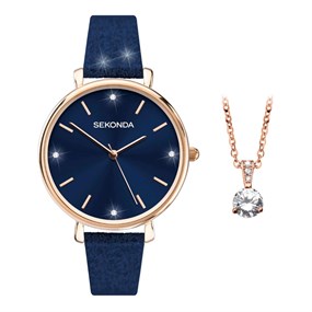 Sekonda 40064G Blue Strap Watch And Necklace Gift Set - W32473