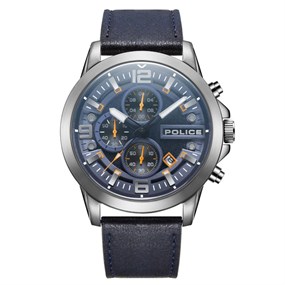 Police Flow Chronograph Blue Leather Strap Watch - W44121