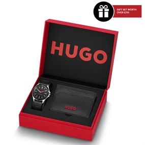 HUGO 1570155 Black Leather Strap Watch And Wallet Gift Set - W45399