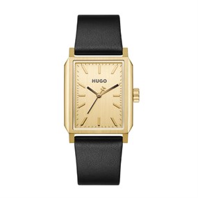 HUGO 1530481 Steeze Gold Tone Rectangular Case Black Leather Strap Watch - W45469