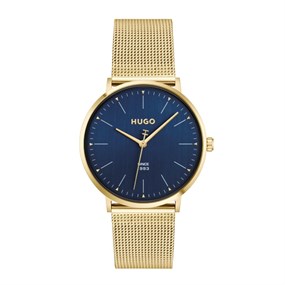 HUGO 1530473 Style Gold Tone Blue Dial Mesh Bracelet Watch - W45473
