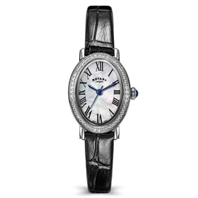 RLS10073/41 Rotary Oval Stone Set Bezel Black Leather Strap Watch - W64261