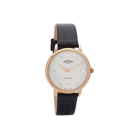 Rotary LS05174/41 Kensington Rose Gold Plated Crystal Mother-Of-Pearl Black Leather Strap Watch - W6487
