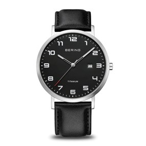 BERING 16040-402 Titanium Black Leather Strap Watch - W74281