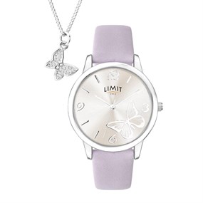 Limit 6669G Lilac Strap Butterfly Dial Watch And Pendant Set - W77266