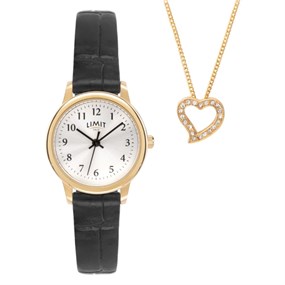 Limit 60067G Black Strap Gold Tone Watch And Heart Pendant Set - W77268