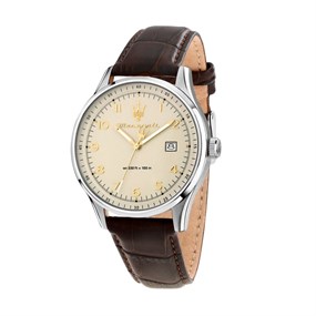 Maserati R8851124004 Sorpasso Silver Tone Brown Leather Strap Watch - W81309