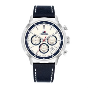 Tommy Hilfiger 1710751  Dual Time Stainless Steel Blue Leather Strap Watch - W95447