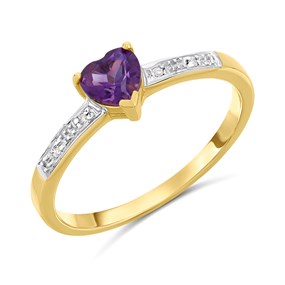 9ct Gold Heart Shaped Amethyst And Diamond Shoulders Ring- Size P - X10753