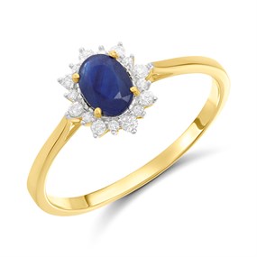 9ct Gold Oval Sapphire And Diamond Cluster Ring - 20pts - Size V - Z51143