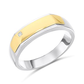 Silver And 9ct Gold Diamond Rectangular Signet Ring. Size Z+2 Only. - Z51218
