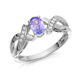 9ct White Gold Tanzanite And Diamond Kiss Ring - 4pts - d7936