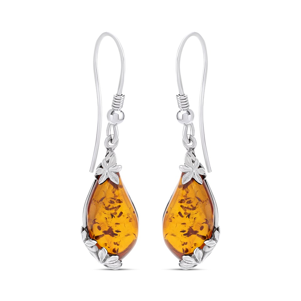 Silver Amber Floral Detail Hook Wire Drop Earrings - F0719