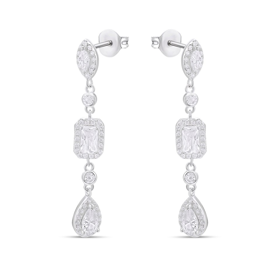 Silver Cluster Cubic Zirconia Drop Earrings - F11032