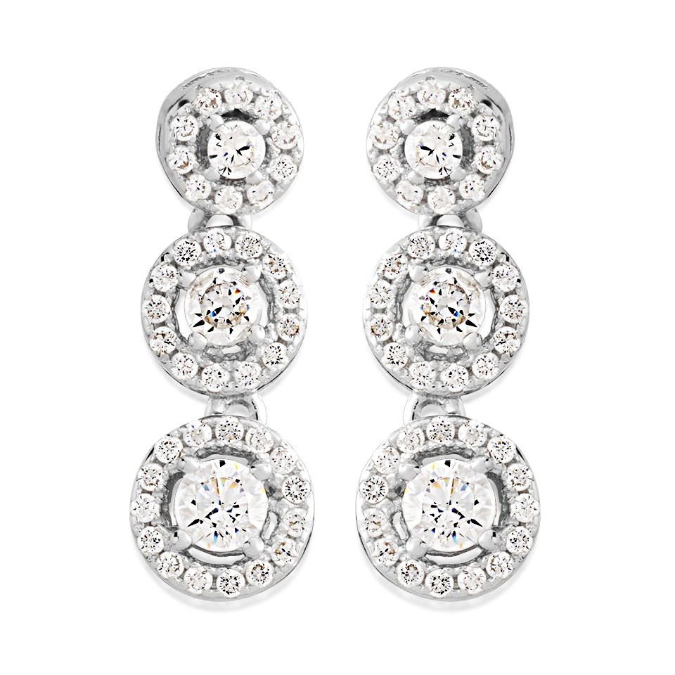 Silver Cubic Zirconia Halo Trilogy Drop Earrings - 19mm drop - F1226