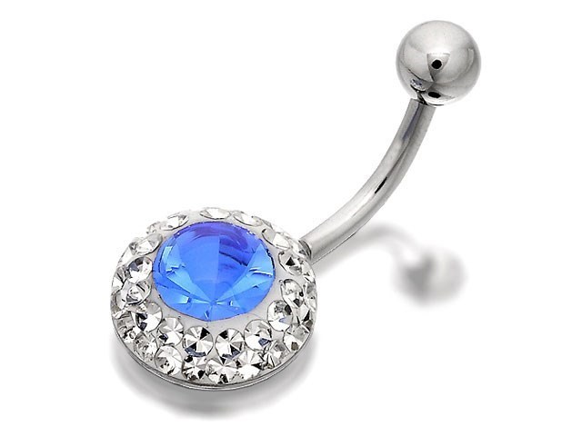 Surgical Steel Blue And Clear Crystal Belly Bar - 12mm - J3516