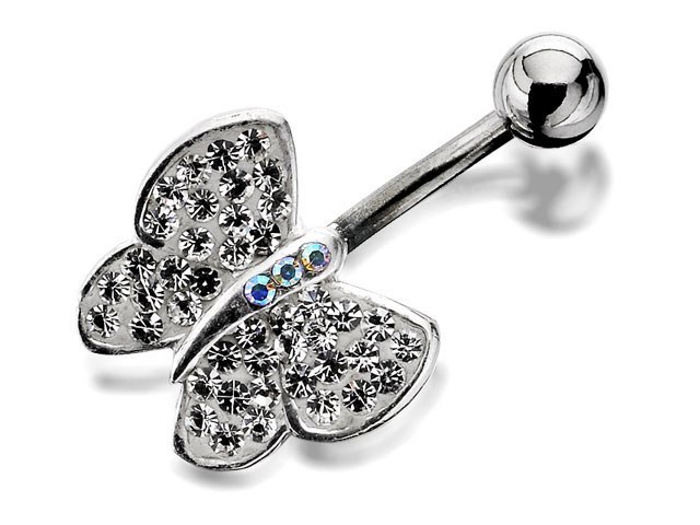 Surgial Steel Belly Bar With Crystal Butterfly - 12mm - J3698