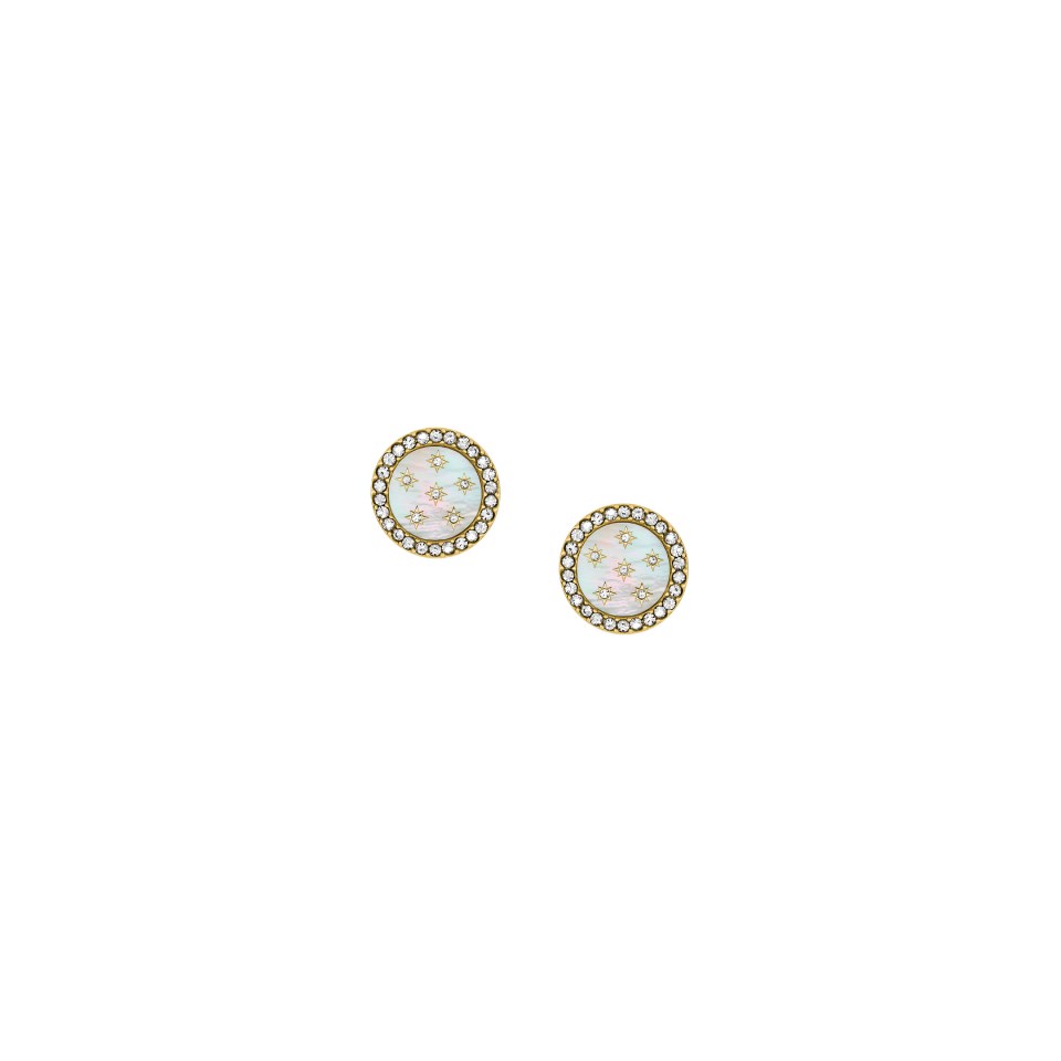 Fossil JF04868710 Yellow Tone Mother Of Pearl And CZ Stud Earrings - J49378