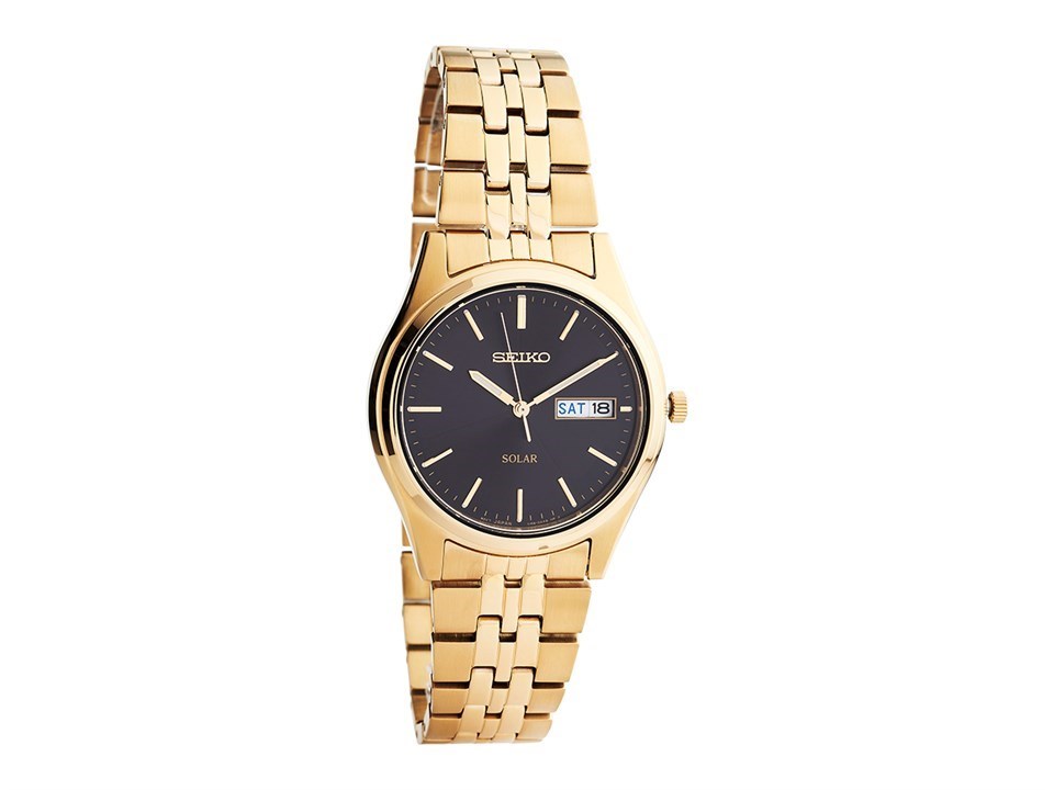Seiko SNE044P9 Gold Plated Black Dial Bracelet Watch - W25123 | F.Hinds  Jewellers