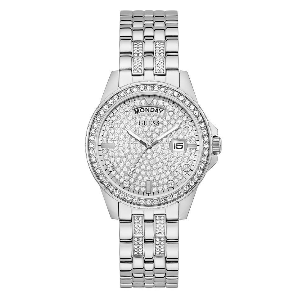 guess ladies silver watch with crystals and glitz dial